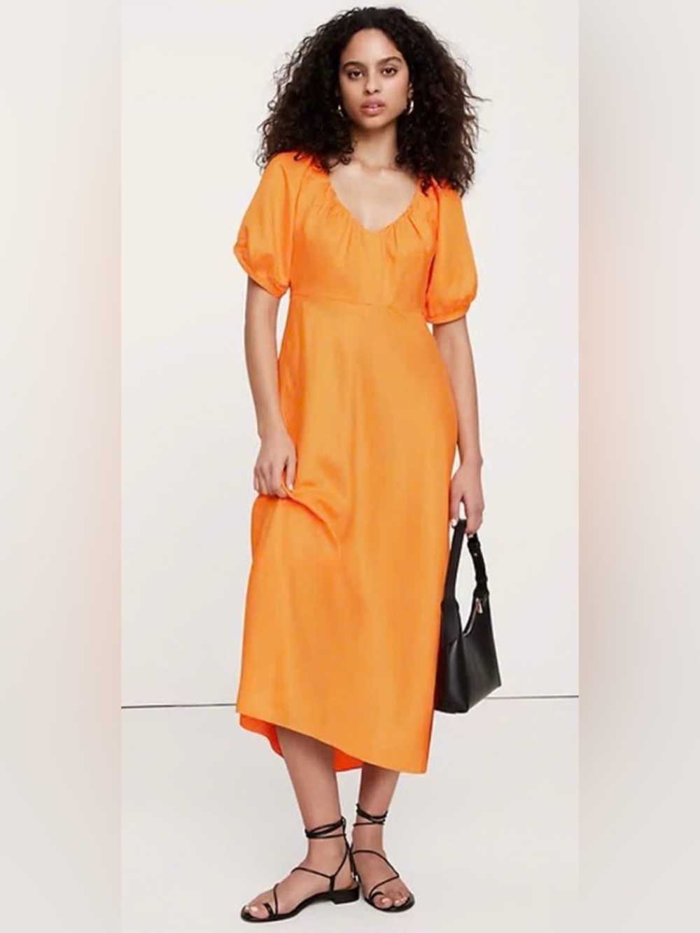 NWT Banana Republic Orange Viscose-Linen Ruched Long Puff-Sleeve Midi Dress Sz 4